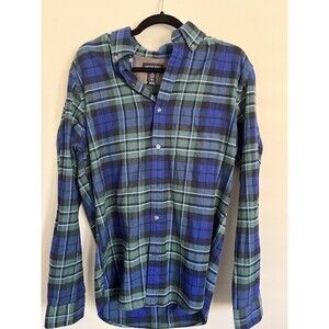 Lands End Shirt Mens M Slim Fit Blue Green Plaid Button Up Long Sleeve Flannel